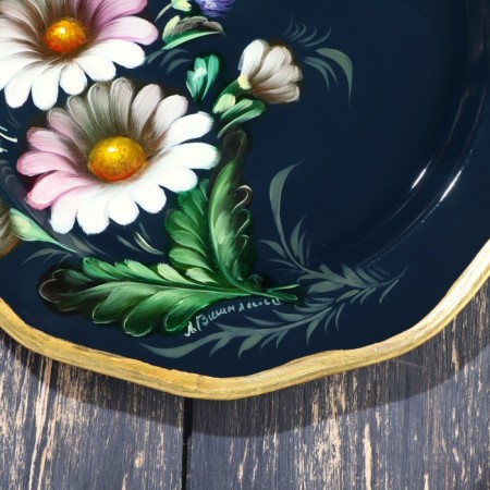 Zhostovsky tray "flowers", blue, with author’s painting, d = 17 cm-1