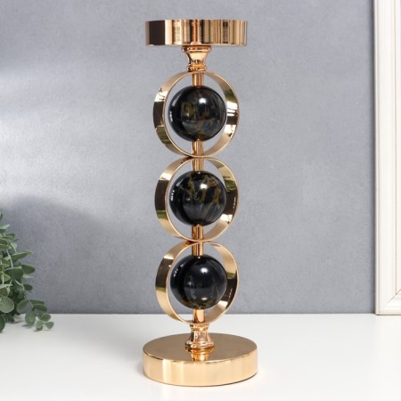Summary Metal for 1 candle "Three black marble balls in the fields" Gold 37x12x12 cm-2