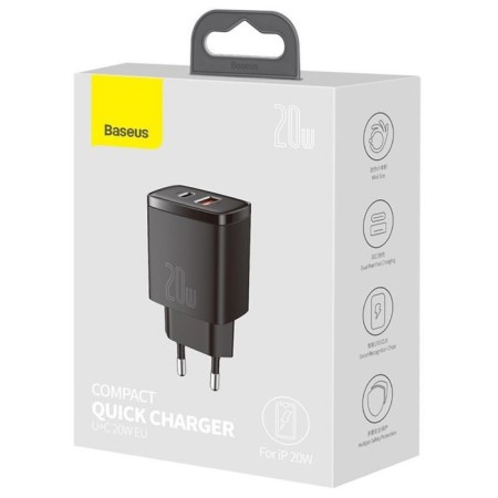 Charger Baseus Compact Quick Charm USB+Type-C, 3A, 20W, Black-5