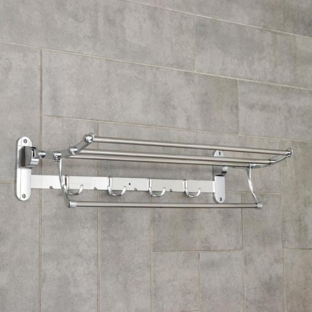 The shelf is hinged with a holder of towels, 4 double hooks, 59.5 × 26 × 14 cm, color chromium-1