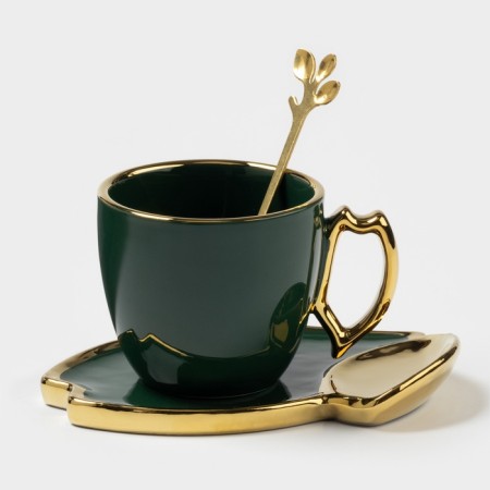 Tea couple ceramic "Livona", 3 objects: a cup of 200 ml, a saucer d = 14 cm, spoon, emerald color