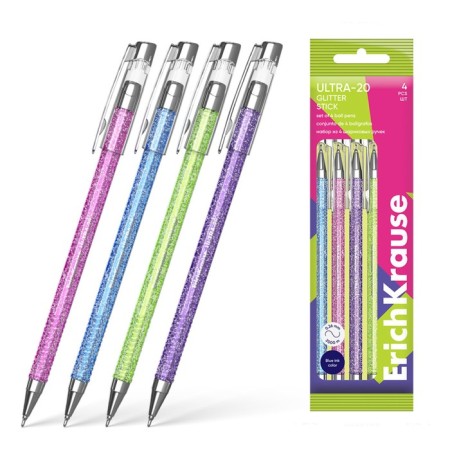 Set of ballpoint pens 4 pcs, erichkrause, Ultra-20 Stick Glitter node 0.7 mm color blue blue