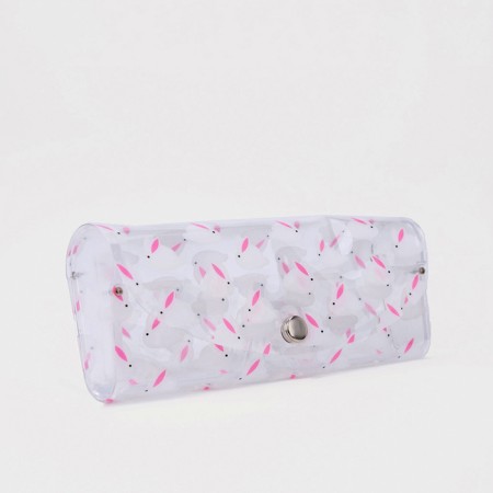 A case for glasses on a button, 15 cm × 3 cm × 6 cm, pink/transparent color