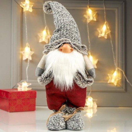 Interior doll "Grandpa in burgundy pants and gray jacket" 42x12x17 cm