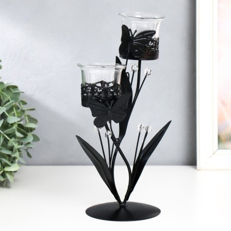 Summary Metal for 2 candles "Butterflies with Crystal balls" black 9.5x9.5x25.5 cm-2