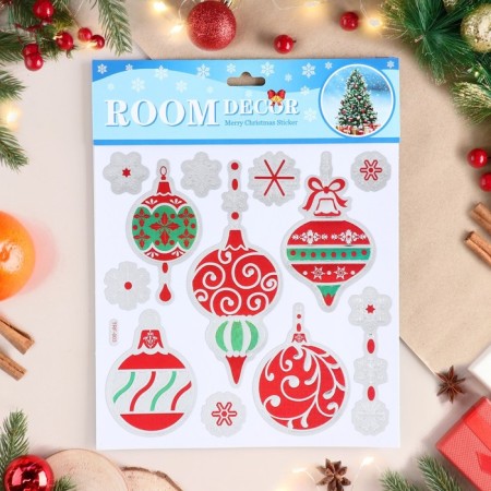 Stickers on the windows "New Year" Christmas toys, red tone, 23x18 cm-1