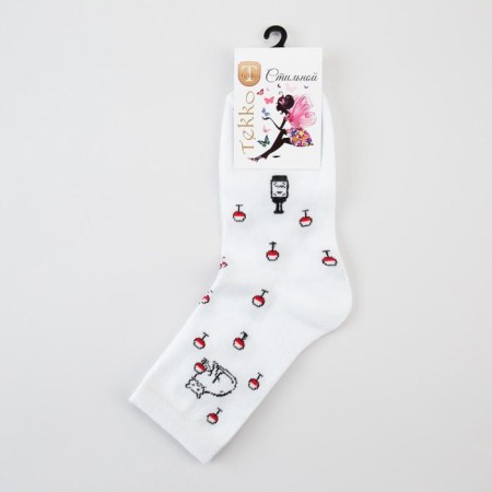 Women's socks "Pussy with a glass" Color white, size 23-25-2