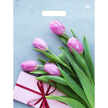 Tulips package as a gift, plastic, with a cut pen, 31 x 40 cm, 60 μm