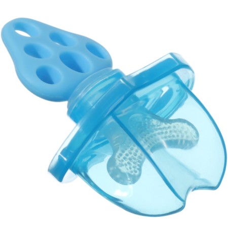 Silicone teether "for the front teeth", blue, with a cap of crumb I-3