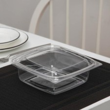 The plastic disposable container with an insoluble lid pr-ssk-RG-750A, 750 ml, 16.8 × 16.8 × 6 cm, the color is transparent