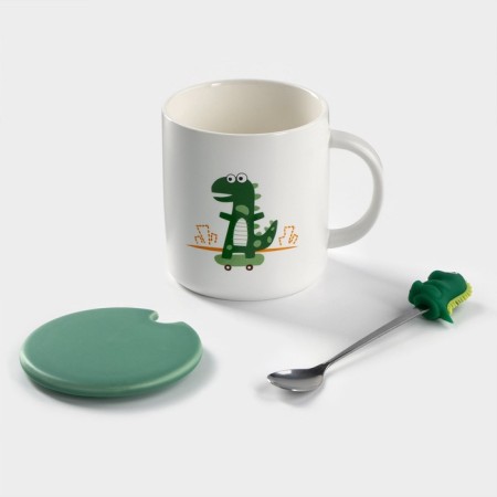 Ceramic mug with a lid and a spoon "Dino", 320 ml, Mix drawing-4