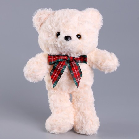 Soft toy "Bear" with a checkered bow, 30 cm, white color