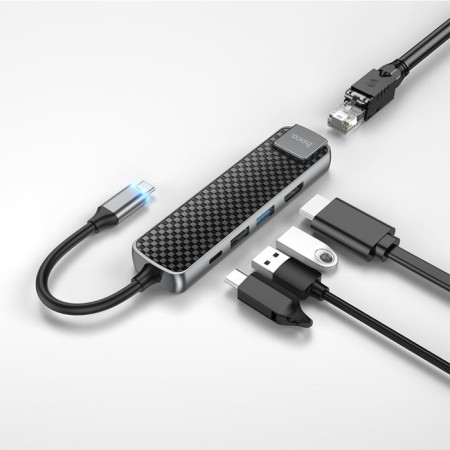 Adapter Hoco HB23, HDMI/USB3.0/USB2.0/RJ45/PD, 60 W, 3 A, cable length 13.5 cm, gray-5