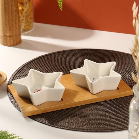 Ceramics dishes on a wooden stand “Cosmically tasty”, 100 ml, 2 pcs, white color