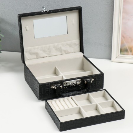 Casket to the leatherette for jewelry "Case. Crocodile leather" Black 18.5x24x9 cm-3
