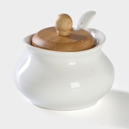Porcelain sugar tower with a spoon on a wooden stand Bellatenero, 170 ml, white color-2
