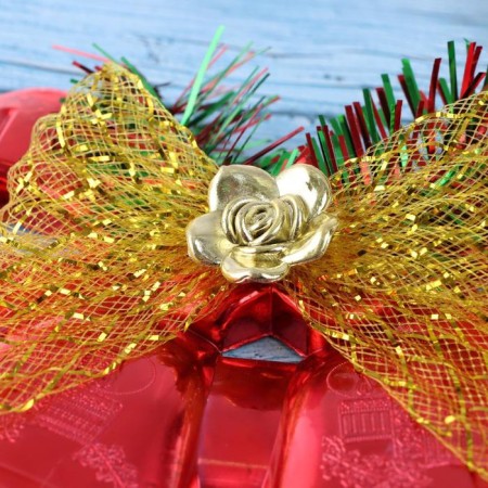 Decoration New Year's "double bell" with a rose and a bow, 19x14 cm, red-1