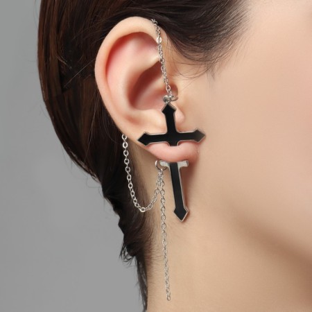 Earring "Kaff" Gothic cross, black color in silver