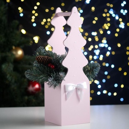 Gift box "Christmas tree" (12*12*42) tree, MDF 6 mm, painted, decorated, pink pastel-white