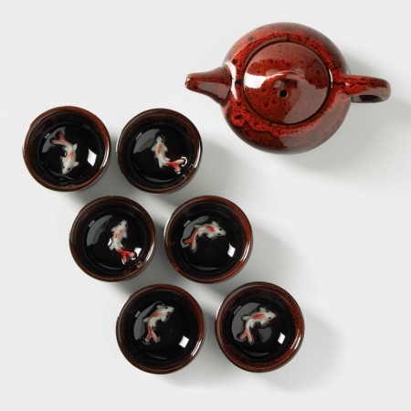 A set for the tea ceremony Ceramic "Lunar Lake", 7 objects: 6 PIAL 50 ml, kettle 150 ml, red color-1