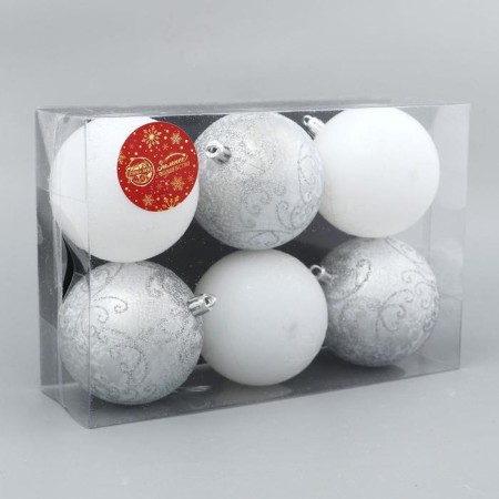 Set of balls plastic D-8 cm, 6 pcs "Frosty patterns" silver-white-1