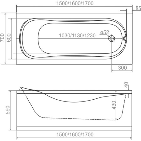 Acrylic bath Domani-Spa Classic, 150x70x59 cm, without a frame and screen-5