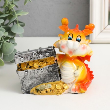 Piggy bank Polystone "Fiery Dragon with a gift/chest" MIX 10.5x6x10 cm-1