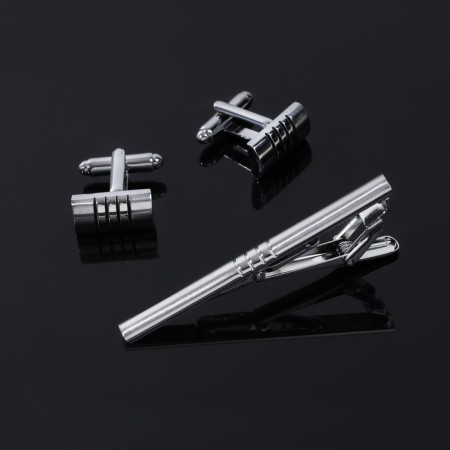 Set of male "cufflink + tie clip" quartet, silver color-2