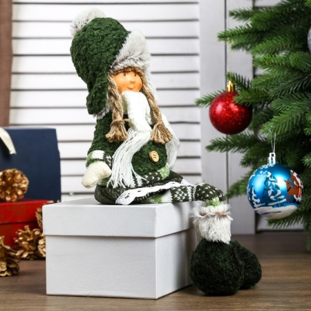 Interior doll "Girl with pigtails in a green coat and green hat" 36x8x13 cm-1