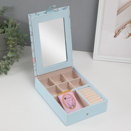 The casket to the leatherette for decorations with the mirror "Panda and shells" Blue 15x21.5x5.5 cm-1