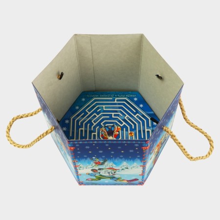 New Year. The gift box New Year's hexagon is small "Winter Fun" with rope pens, 210x210x185 mm.-3