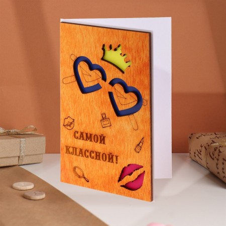 Wooden postcard "The most cool!" Glasses, lips