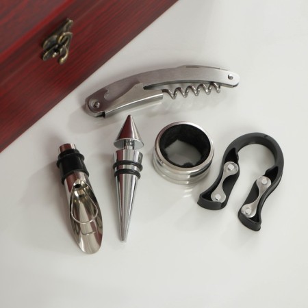 Set for the wine of the Dolyan, 6 items: case for a bottle, drip, corkscrew, cork, ring, knife for foil-1