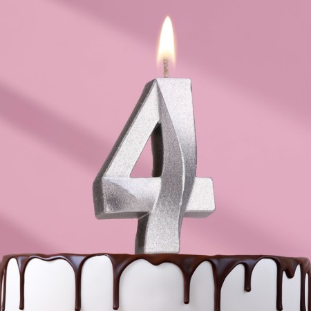 Candle in the Cake "Fine", number "4", silver metallic, 6.5 cm
