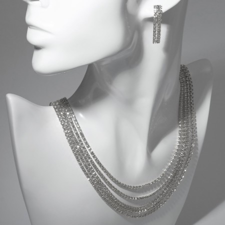 Set 2 objects: earrings, Kilence "Waterfall" five threads, white color in silver, 40 cm