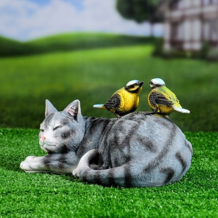 Garden figure "Cat lying with birds" 17x27x17cm-3