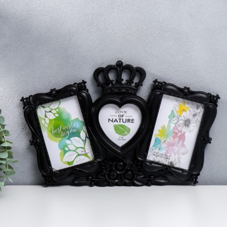 Photo frame plastic in 3 photos 10x10, 10x15 cm "Crown and roses" Black 25x40 cm