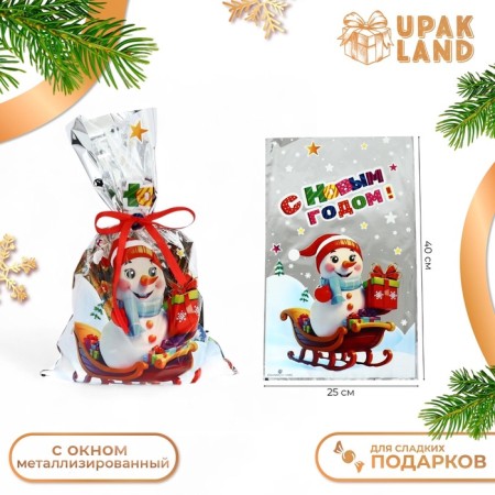 Gift package "Snowman on a sleigh" 25 x 40 cm, colored metallized pattern