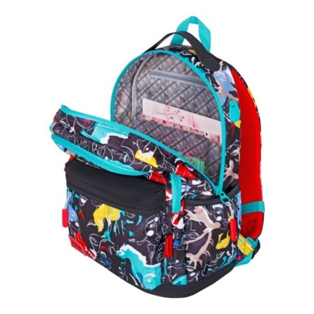 Youth backpack 43 x 29 x 18 cm, ergonomic back, Across 155, black/turquoise/multi-colored 155-2-4