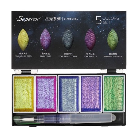 Watercolor paints, pearl, + brush, in a plastic box, 5 colors