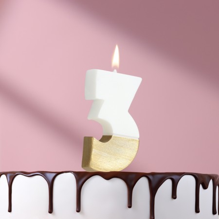 Candle in the Manhattan cake, number "3", white with gold, 5 cm