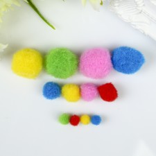 Pompons for creativity, assorted, 5 colors, 8 mm/15 mm/25 mm, (set of 100 pcs)