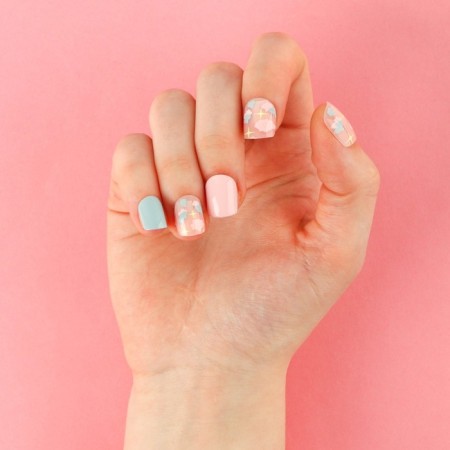 Pink clouds, 24 pcs, adhesive plates, square shape, glossy pink/beige/blue.-6