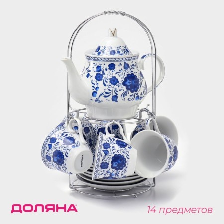 Service Ceramic Tea Dolyana "Russian Disor", 13 items on a stand: 6 cups 210 ml, 6 saucers, kettle