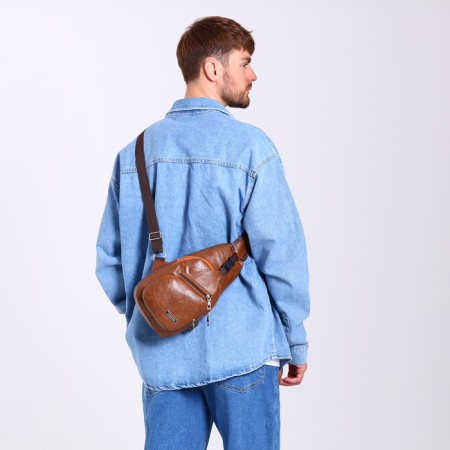 Male sling bag made of artificial leather, with USB, brown color-7
