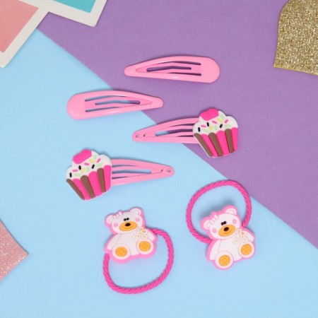 Shirley hair set (2 elastic bands 5 cm, 4 invisibility 5.5 cm) Bear, pink-1