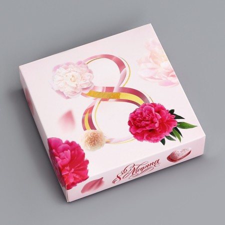 Box for sweets 4 pcs without a window "since March 8", 12.6 x 12.6 x 3.5 cm. Confectionery packaging-2