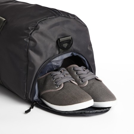 Road bag on lightning, external pocket, shoe compartment, suitcase holder, long belt, gray color.-4