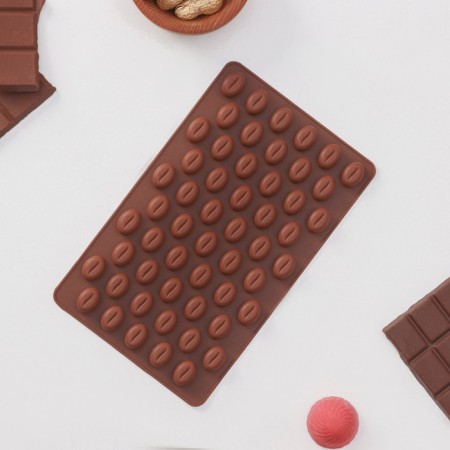 Form for marmalade Dolyan "Coffee beans", silicone, 18.5 × 11 × 1 cm, 55 cells (1.6 × 1.2 cm), brown color-1
