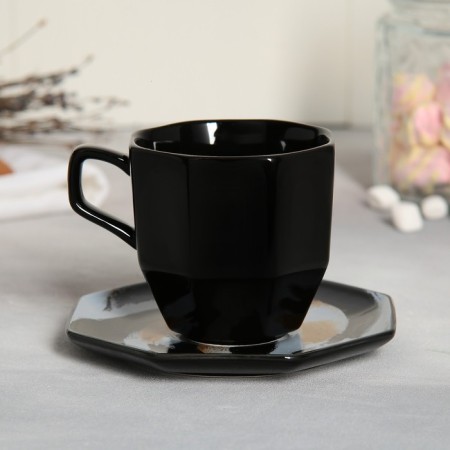 Tea couple ceramic Art, mug 200 ml, saucer 13 cm, black color-2